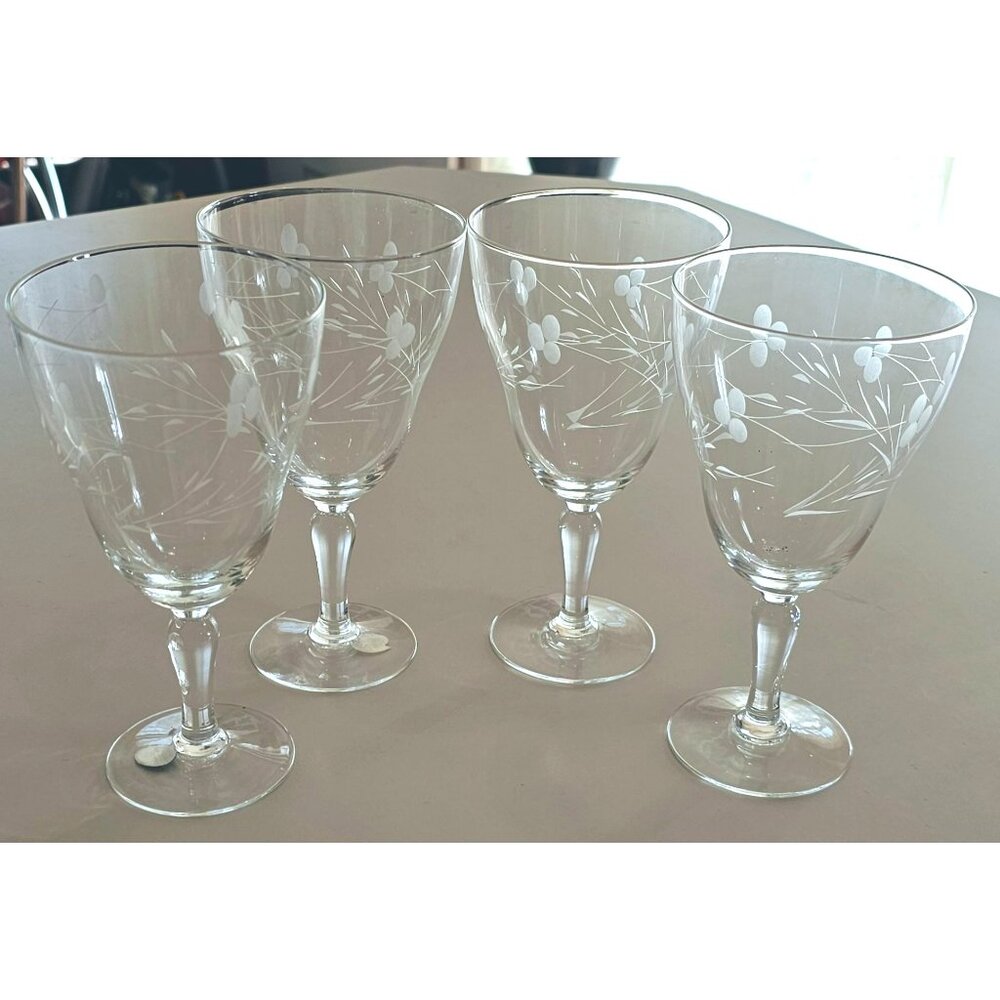 4 Pandora Etched Coupe Water Glasses 6.25" wine glassware c1950s Japan stemware